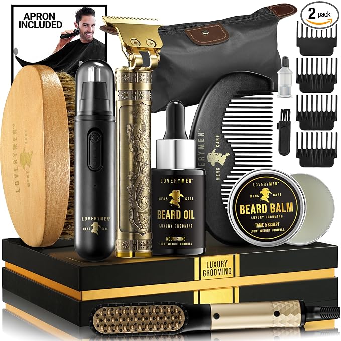 Grooming Beard Kit, Fathers Day Gift Ideas for Husband, Dad Gifts for Fathers Day, Beard Trimmer, Nose Hair Trimmer, Hair Straightener Brush, Oil, Balm & More, 15pc Men Care Kit, Gifts for Men.