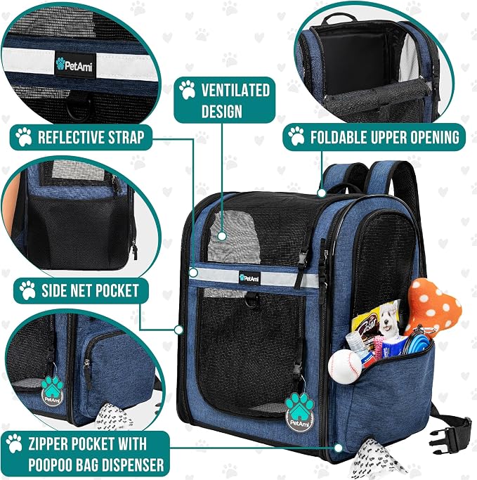 PetAmi Dog Backpack Carrier for Cats, 4-Way Entry Ventilated, 18 lbs, Blue | Sherpa Bed Included, Foldable Load-In Top, Safety Reflective Strap, Breathable Mesh, Poop Bag Dispenser, Padded Back Support