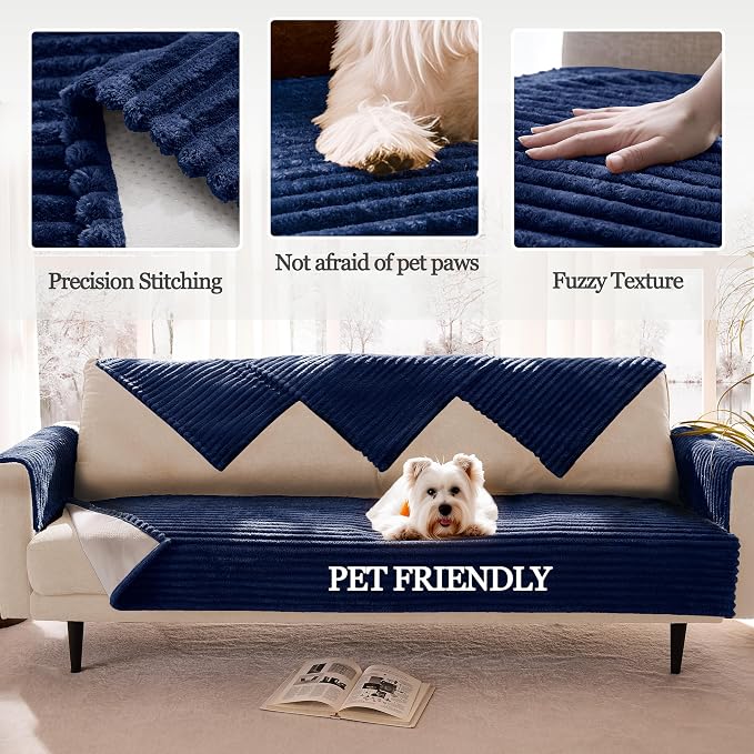Waterproof Couch Cover for Dogs Non-Slip, Fuzzy Soft Pet Couch Covers for Sofa, Pet Friendly Area Rug Dog Bed Covers Washable Sofa Cover Mat (Navy Blue, 58" x 82" 1 Pack)