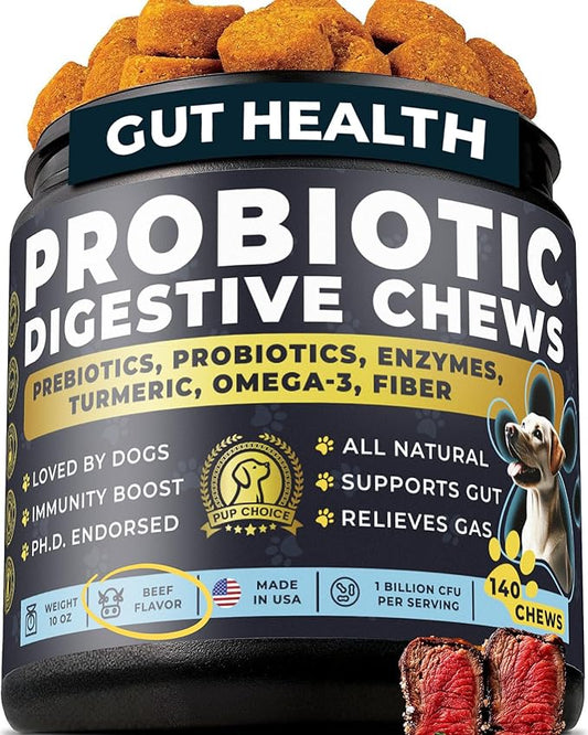 Probiotics for Dogs – 1 Billion CFU 6-Strain Probiotic Chews with Pumpkin, Papaya, Turmeric – Digestive Health, Gut Health, Itchy Skin and Allergy Support for All Breeds, Beef Flavor