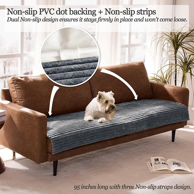Dual Non-Slip Couch Cover for Dogs Waterproof, Fuzzy Soft Pet Couch Covers for Sofa 3 Cushion, Pet Friendly Soft Dog Bed Covers Sofa Cover Washable (Titanium Gray, 33" x 95" 1 Pack)