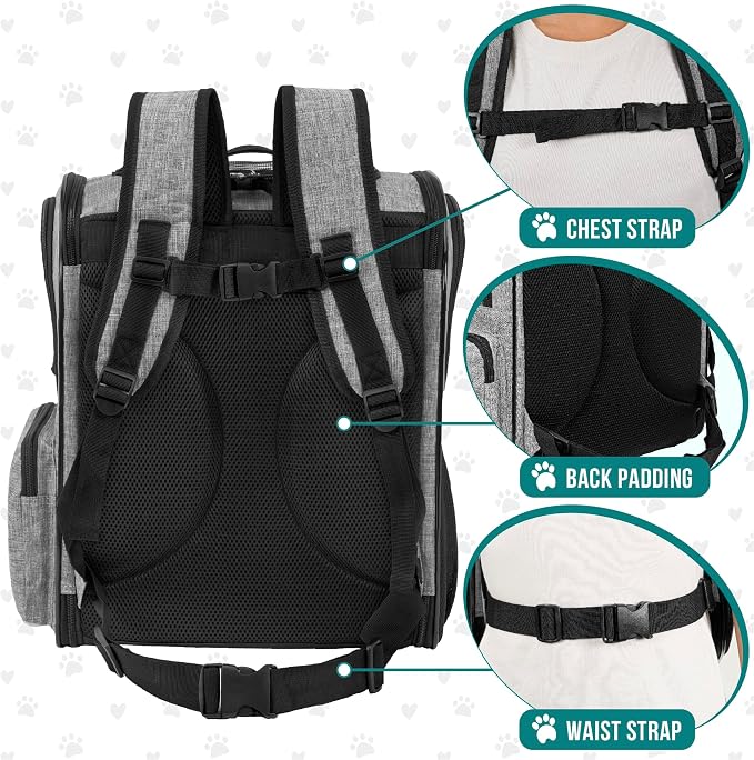 PetAmi Dog Backpack Carrier for Cats, 4-Way Entry Ventilated, 18 lbs, Gray | Sherpa Bed Included, Foldable Load-In Top, Safety Reflective Strap, Breathable Mesh, Poop Bag Dispenser, Padded Back Support