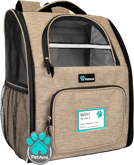 PetAmi Dog Backpack Carrier for Small Medium Dogs Large Cats up to 18 lbs, 2 Side Entry, Structured No-Collapse Frame, Airline Approved Ventilated Pet Backpack for Hiking Camping Travel Vet, Taupe
