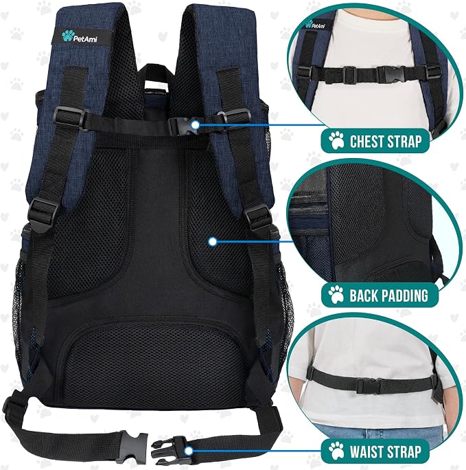 PetAmi Dog Backpack Carrier, Airline Approved 4-Way Entry Cat Backpack Carrier, Ventilated Mesh, Collapsible Pet Carrier for Small Puppy, Kitten, Hiking, Travel Car, Vet, up to 18 lbs, Navy Blue