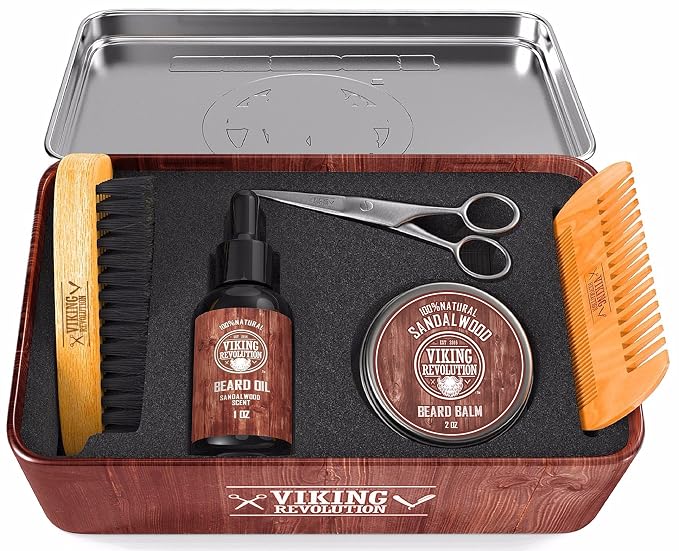 Viking Revolution Ultimate Beard Kit - Sandalwood, 5 Pcs with Metal Box | Complete Multi-Piece Men's Gift Box - Features Boar Brush, Wood Comb, Sandalwood Balm & Oil, Scissors for Beard & Mustache