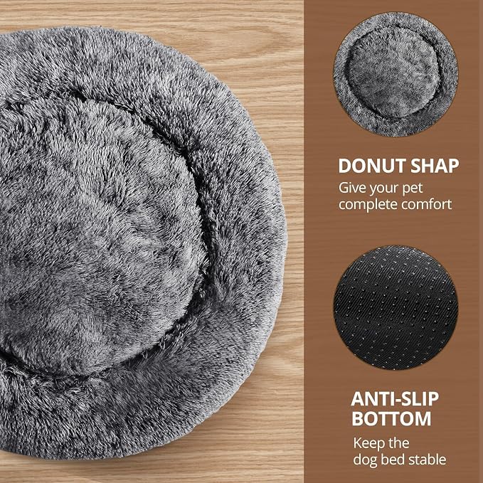 JOLLYVOGUE Calming Dog Beds Large Sized Dog, 36in Donut Washable Large Pet Bed, Anti-Slip & Anti-Anxiety Fluffy Faux Fur Round Dogs Bed, Fits up to 80 lbs Pets (Smoke Black)