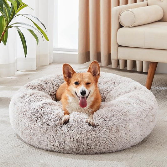 Western Home Calming Donut Medium Dog Bed Washable Pet Bed,30" White Khaki | Fluffy Faux Fur Round Cuddler,Anti-Anxiety,Anti-Slip Bottom,Plush Pet Dog Beds for Medium Sized Dogs,Up to 45 LBS