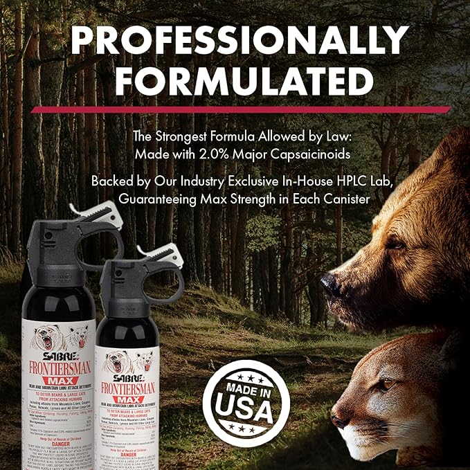 SABRE Frontiersman MAX Bear Spray – 40 ft Range, Maximum Strength, The Only EPA-Registered Spray for Bears & Mountain Lions, 9.2 oz, Glow Safety Clip, Outdoor Hiking & Camping Protection