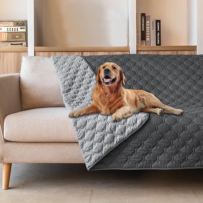 gogobunny Waterproof Dog Blankets for Large Dogs, Pet Bed Cover Breathable | Washable Pee Pads, Quilted Throw Blanket, Furniture Protector for Couch Sofa Bed Car, 82x82 Inch Dark/Light Grey