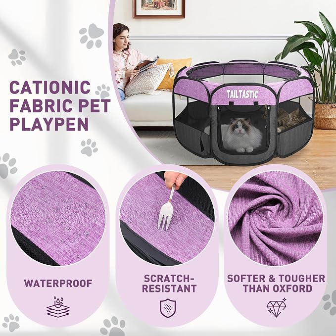 Portable Pet Playpen for Medium Dogs & Cats, Foldable Puppy Safety Pen with Removable Zipper Top, Breathable Mesh Dog Delivery Room, Indoor Isolation Cage for Pets (Purple, Medium)