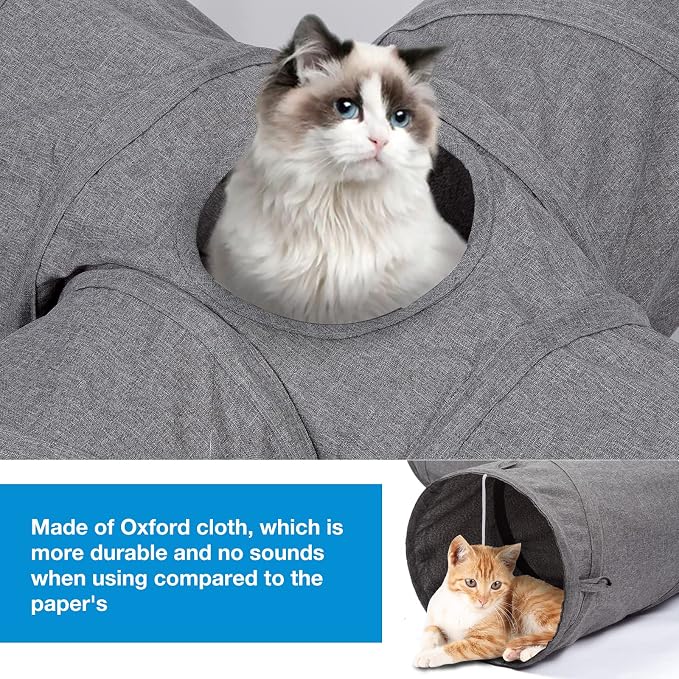 Ownpets S-Shape Cat Tunnel Toy 48"L x 10"D, for Cats, Puppies & Small Pets | Collapsible for storage, tear-resistant oxford fabric, connects to other tunnel, with peek hole, feather wand, indoor/outdoor