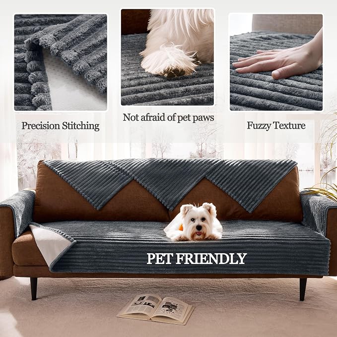 Dual Non-Slip Couch Cover for Dogs Waterproof, Fuzzy Soft Pet Couch Covers for Sofa 3 Cushion, Pet Friendly Soft Dog Bed Covers Sofa Cover Washable (Titanium Gray, 33" x 95" 1 Pack)
