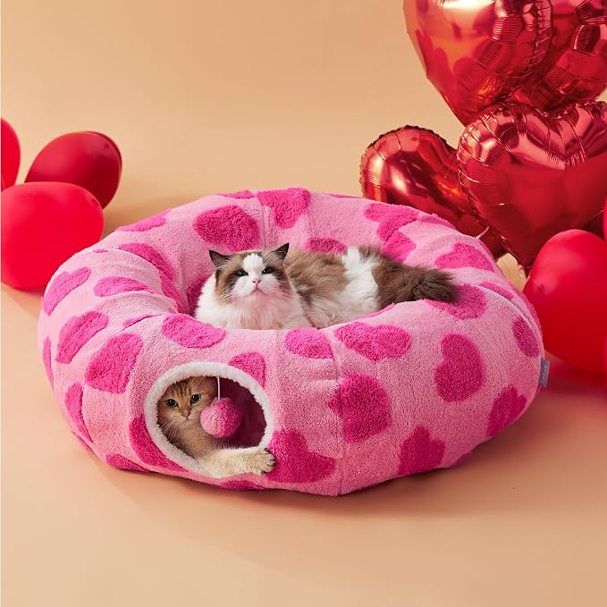 Lesure Donut Cute Jacquard Cat Tunnel Bed Kitten Toys for Puppy Bunny | 33.5x33.5x10in,Round Cat Bed Tube for Indoor Cats Rabbit Dog,Pet Peekaboo Cave Toy,Spiral Hideaway,Washable Cushion