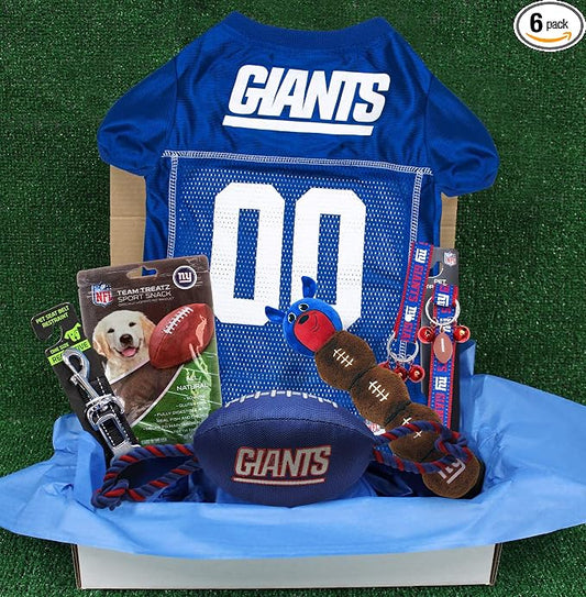 New York Giants PET GIFT BOX with 2 Licensed DOG TOYS, 1 Logo-engraved NATURAL DOG TREAT, 1 NFL JERSEY, 1 Puppy Training Bells & 1 Car Seatbelt
