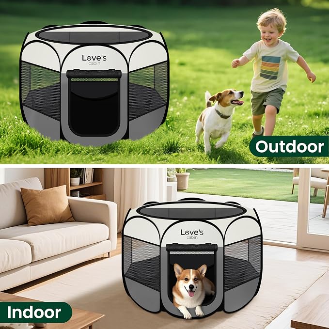 Love's cabin Pet Puppy Dog Playpen, Large Dog Tent Crates Cage Indoor/Outdoor, Portable Playpen for Cat, Foldable Pop Up Dog Kennel Playpen with Carring Case, Removable Zipper Top, Grey