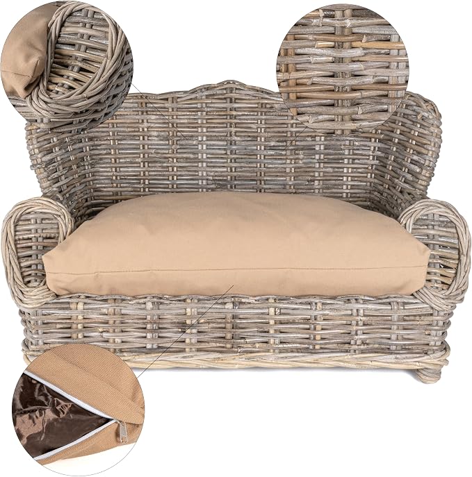 DBD1004A Classic 27.5" x 18" Mediterranean Handwoven Rattan Dog Daybed with Machine-Washable Cushion, Kubu Gray