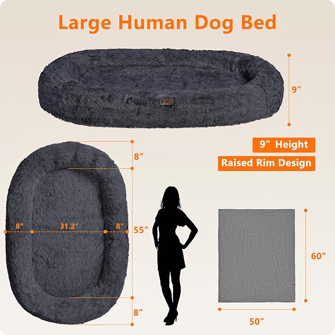 Human Dog Bed for Adult, Orthopedic Gel Memory Foam, 71"x47"x9" | Human Dog Bed Fits Adult & Pets, Reversible Egg-Crate Foam Cushion, Washable Pet Bed with Blanket, Graphite Grey