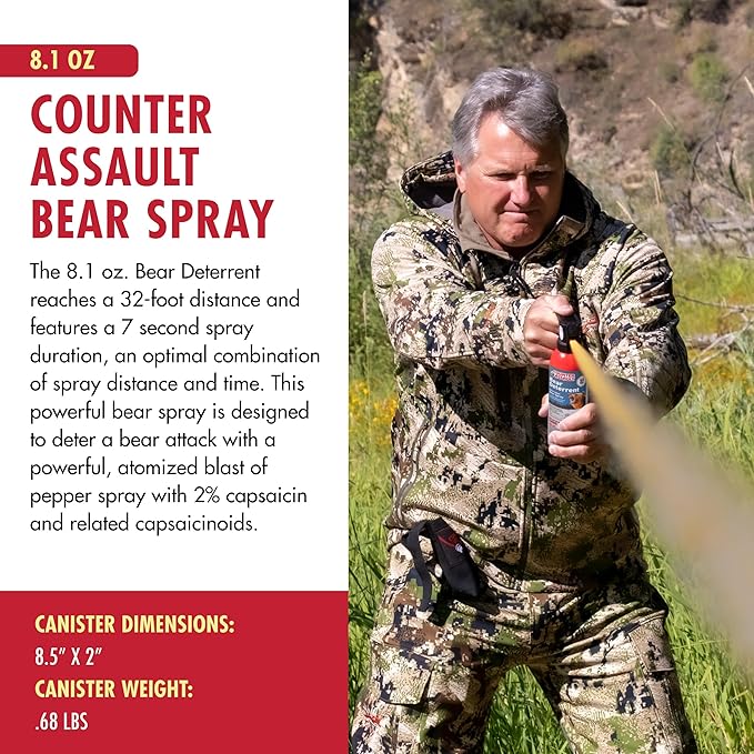 Counter Assault Bear Spray - Bears, Mountain Lions, Coyotes - Long-Range 32ft Distance - Pepper Spray Safety Gear for Hiking & Camping Protection - 2% Capsaicin - 8.1 oz