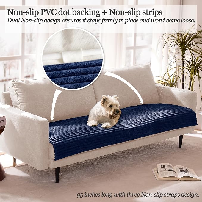 Waterproof Dual Non-Slip Couch Cover for Dogs, Fuzzy Soft Pet Couch Covers for 2 Cushion Sofa loveseat, Pet Friendly Soft Dog Bed Covers Sofa Cover Washable (Navy Blue, 33" x 62" 1 Pack)