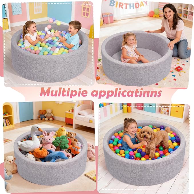 Imitation Teddy Colours Foam Ball Pit 35.4"x 11.8" Soft Round Playpen for Toddlers Dogs Cats with Soft Memory Sponge for Babies Indoor and Outdoor Game Gray (Balls not Included)