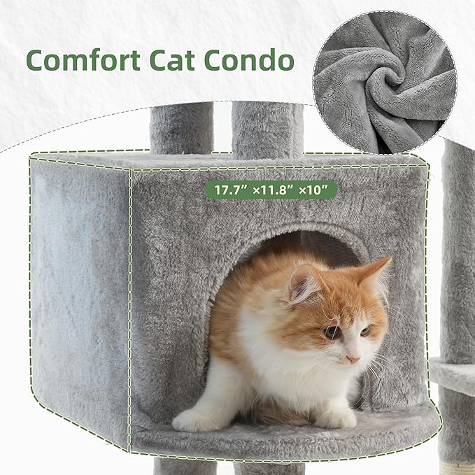 Gitelsnour Cat Tree for Indoor Cats, 55.1 inch Cat Tower with 7 Sisal Scratching Posts, Multi-level Cat Condo wit Large Play Platform Furry Ball, Cat Cave, 2 Padded Perches, Basket, Light Gray GCT013W