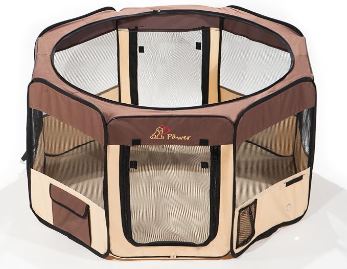 Pawer 45”×24” 8-Panel Foldable Pet Playpen, Brown+Beige, Personalize Embroidery Extra Fabric Piece Available, for Cat/Dog/Puppy, 600D Oxford Cloth Portable Indoor & Outdoor Kennel with Carry Bag