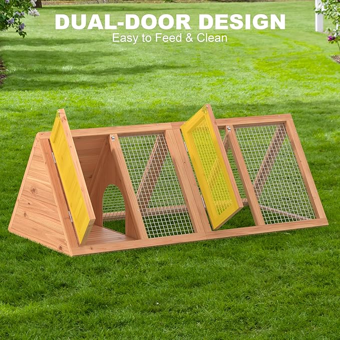 Small Chicken Coop, Rabbit Hutch Outdoor, Wooden Triangle Rabbit Cage with 2 Door & Poultry Run, Portable Bunny Hutch for Chicken, Rabbit, Guinea Pigs, Hedgehog, Small Animals (Natural Wood)