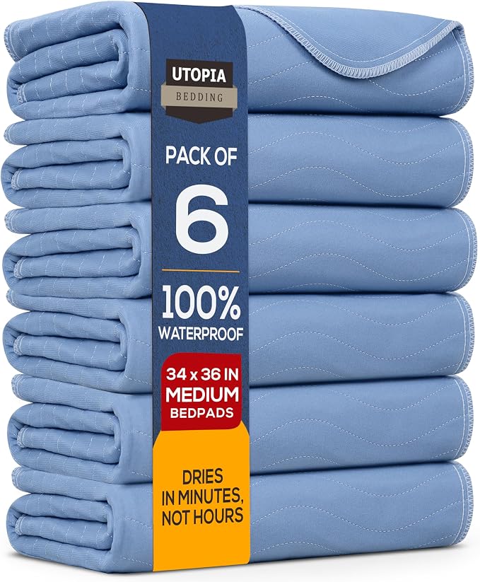 Utopia Bedding Washable Underpads 34" x 36" (Pack of 6), Waterproof Reusable Heavy Absorbency Incontinence Bed Pads for Adults, Kids, Elderly and Pets, Bedwetting Pads for Sofa and Couch (Blue)