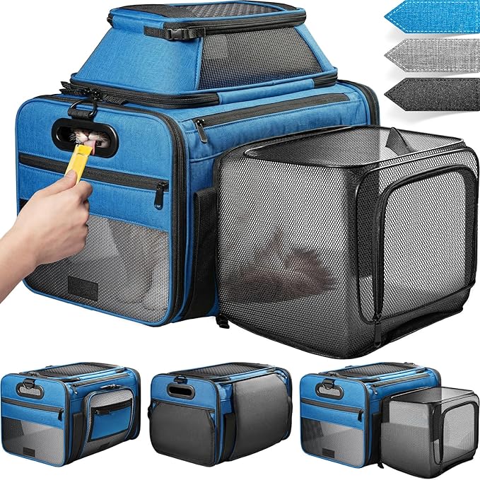 Top-Side Expandable Pet Carrier, Treat Window,18x11x11 Airline Approved | for Delta American United,Soft-Sided Cat Carrier,Anti-Scratch Mesh,Lockable Zippers,Dog Carrier for Kitten,Rabbit,Puppy,Blue