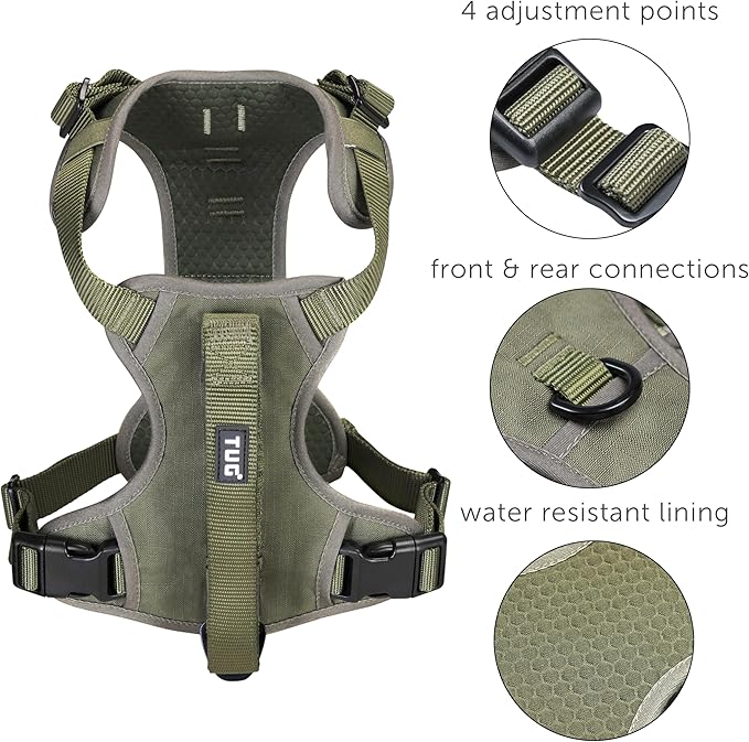 TUG Grab Dog Harness with Built-in Magnetic Traffic Leash (Large/Green) | Padded Magnetic Traffic Handle | Dual Leash Clips | 4-Point Adjustable Fit | Durable Nylon