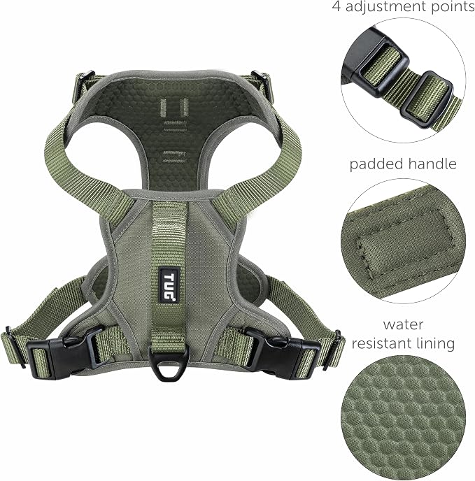 TUG No-Pull Dog Harness, 2 Leash Clips + Padded Handle (Large, Green) | Water-Resistant Padded Interior | No-Pull Front Clip | Padded Back Handle | Adjustable Straps