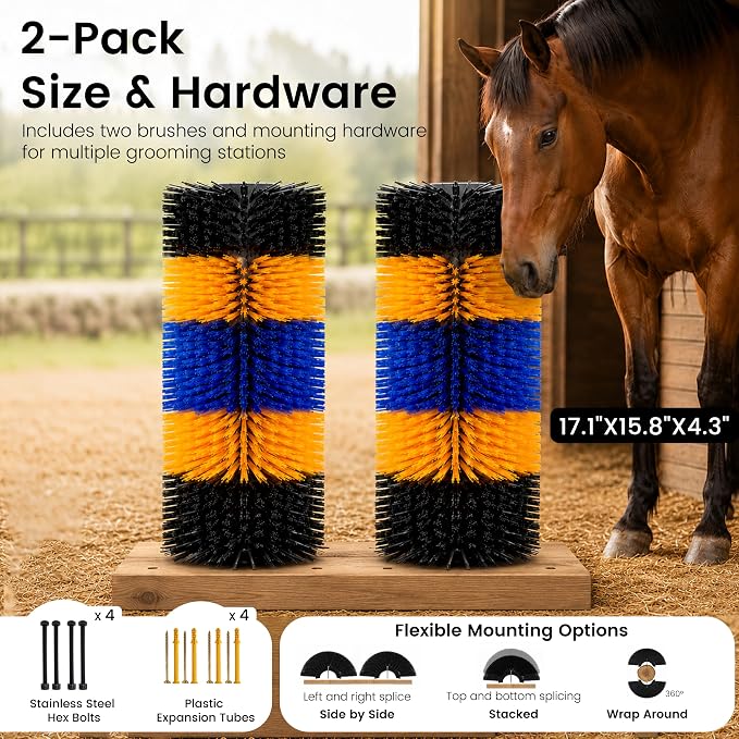 2PCS Livestock Scratching Brush for Goat, Heavy-Duty Post Grooming and Massage Scratch Brushes for Cow Donkey Goats Horse Sheep, with 8 Screws for Back Itch Relief & Keep Cleaning, 17" x 7.9"
