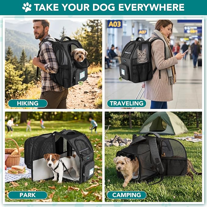 PetAmi Expandable Dog Backpack Carrier for Cats & Pets, Breathable Cat Carrier Backpack with Top Window & Multi-Entry, Ventilated Foldable Travel Carrier for Small Medium Pets up to 18 lbs, Dark Gray