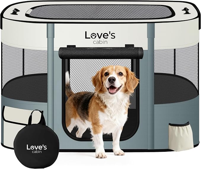 Love's cabin Pet Puppy Dog Playpen, Large Dog Tent Crates Cage Indoor/Outdoor, Portable Exercise Playpen for Cat, Foldable Pop Up Dog Kennel Playpen with Carring Case (L, Gray Green)