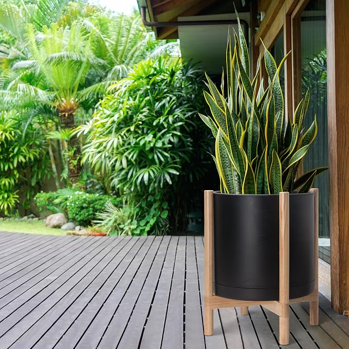 D'vine Dev Plastic Pot with Natural Wood Stand, Black, 16 in, 55-C-Y-2 | Mid-Century Inspired Design, Elevated Plant Display, Clean Lines, Sturdy Support, Modern Space-Saving Style