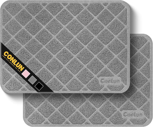 Conlun Cat Litter Mat Litter Trapping Mat, 24" x 17" Premium Durable PVC Grid Mesh with Scatter Control, Non-slip, Less Waste Cat Litter Box Mat, Grey 2 Pack