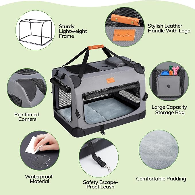 Morpilot 32-inch Portable Collapsible Dog Crate for Dogs up to 70lbs | Travel Dog Crate Soft-Sided for Medium Large Dogs, with Foldable Bowl, Shoulder Strap & Storage Pockets, Grey