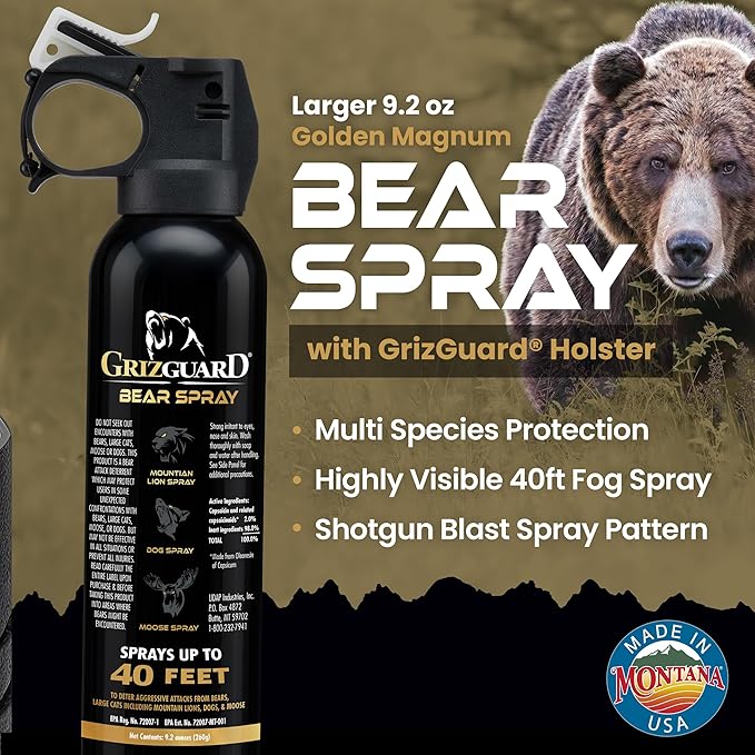 Griz Guard 260GG2 Bear Spray W/Holster 40 ft Range, Max Strength, EPA-Registered Spray for Bears, Mountain Lions, Coyotes, Dogs, & Moose, Outdoor Hiking & Camping Protection, Glow Safety, 9.2oz, 2PK