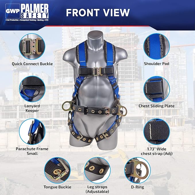Fall Protection Hammerhead Kit I 5pt Safety Harness, 6' Double Leg Lanyard, 18" D-Ring Extender (Blue - 2XLG)