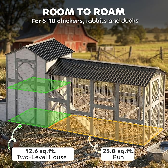 PawHut 147" Extra Large Chicken Coop, Wooden Hen House for 8-10 Hens, Outdoor Chicken House Poultry Hutch with Run, Pull-Out Tray, Nesting Box, Ventilated Windows, Ramp for Rabbit Duck, Gray