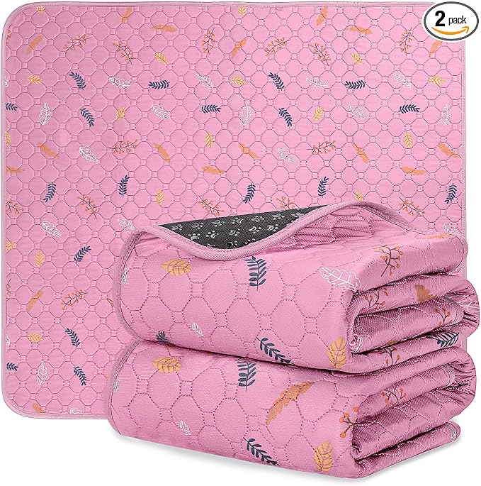 Sunheir Washable Pee Pads for Dogs 2-Pack Reusable Puppy Pads Pet Training Pads, Waterproof Dog Pee Pads for Crate, Whelping Pad, Non-Slip Protects Against Urine Leakage (Leaves - Pink, 18x24)