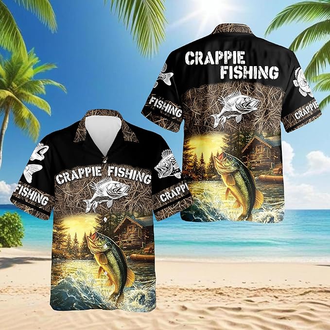 Fishing Crappie Hawaiian Shirt for Men, Button Down Summer Beach Short Sleeve, Fishing Lover Gifts, Sizes S-5XL