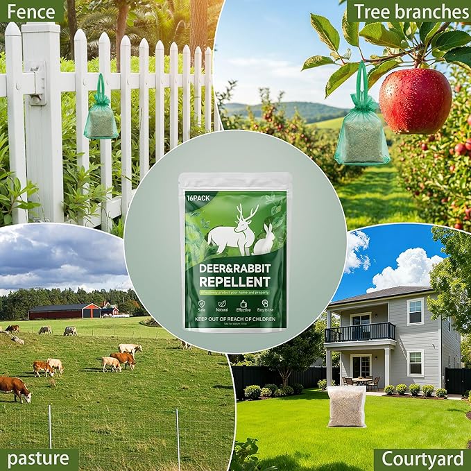 16 Pack Deer & Rabbit Repellent Pouches, Effective Garden Animal Repellent to Protect Plants, Flowers & Yard – Long-Lasting, Weather Resistant, Easy to Use
