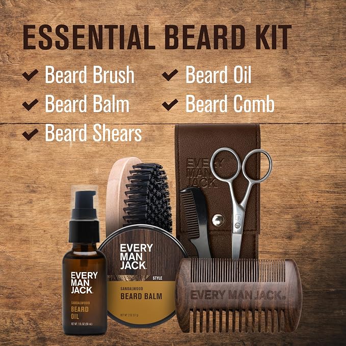Every Man Jack Beard Care Gift Set for Men – Complete Grooming Kit with Beard Oil, Balm, Brush, Dual-Sided Comb, Trimming Scissors & Mustache Comb - Sandalwood Scent