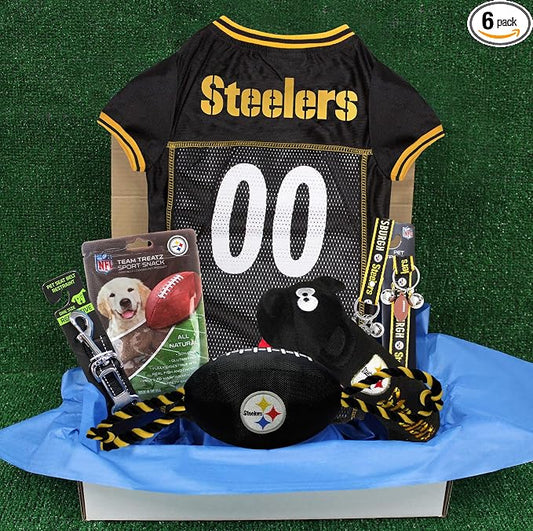 NFL Pittsburgh Steelers PET GIFT BOX with 2 Licensed DOG TOYS, 1 Logo-engraved NATURAL DOG TREAT, 1 NFL JERSEY, 1 NFL Puppy Training Bells & 1 Car Seatbelt