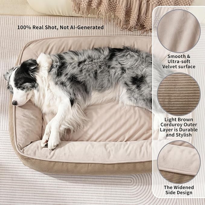 FAIRYPET Deluxe Plush Dog Beds for Medium to Large Dogs, 3D Crimped Siliconized Hollow Fiber Fill，Soft Breathable，Washable Dog Bed, Plush Faux Fur & Corduroy,Durable Pet Bed with Anti-Slip Bottom