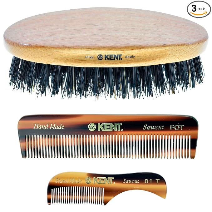 Kent Set of 3, 81T Small Beard and Mustache Comb, Fot All Fine Pocket Comb and PF22 Hair Brush and Beard Bruh, Best Beard and Mustache Grooming Kit for Travel and Home Beard Care, Made in England