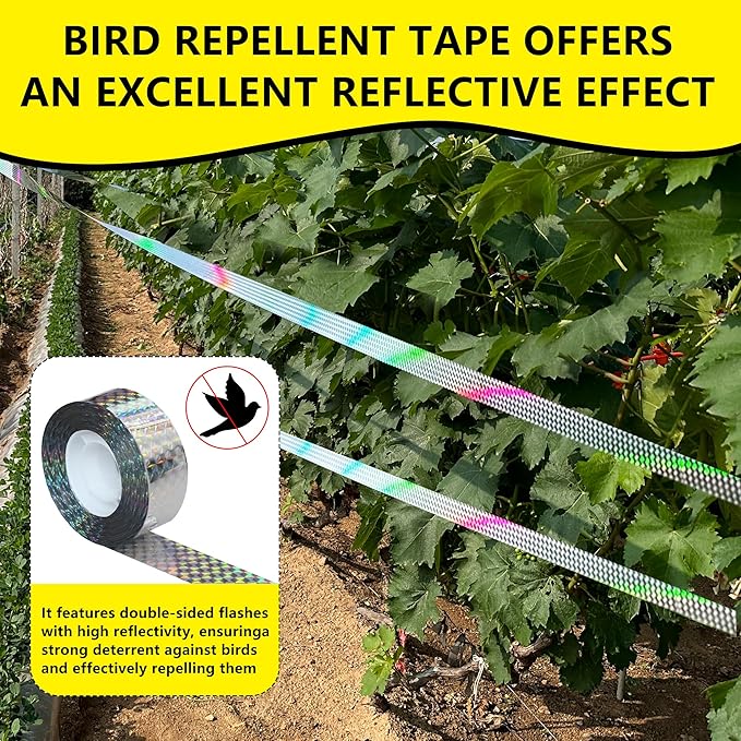 Bird Scare Reflective Tape, 500 Feet (2 Rolls), Double-Sided Reflective, for Repelling Sparrows and Woodpeckers, Suitable for Outdoor Use in Homes, Gardens, Farms, Orchards,Outdoor