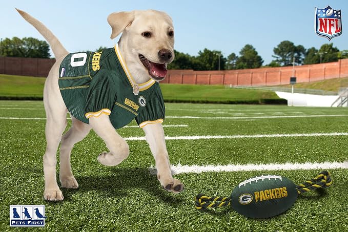 NFL Green Bay Packers PET GIFT BOX with 2 Licensed DOG TOYS, 1 Logo-engraved NATURAL DOG TREAT, 1 NFL JERSEY, 1 NFL Puppy Training Bells & 1 Car Seatbelt