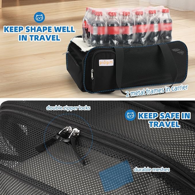 pidipiti 18x14x8 Soft-Sided pet Carrier,for 1 Extra-Small Dog/Medium cat | top and 1 side Expandable,TSA Approved,for Airlines only Have 8'' Height Space underseat,with zipper lock,good Visibility